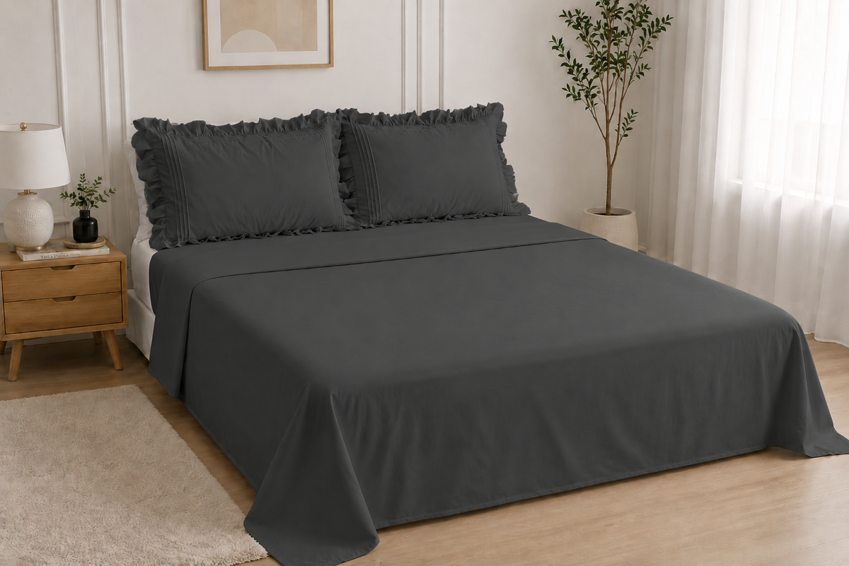 Cotton Falt Bed Sheet With Frilled Pillow Cover- Charcoal Grey