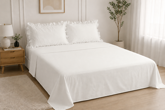 Cotton Flat Bed Sheet With Frilled Pillow Cover- Dove White