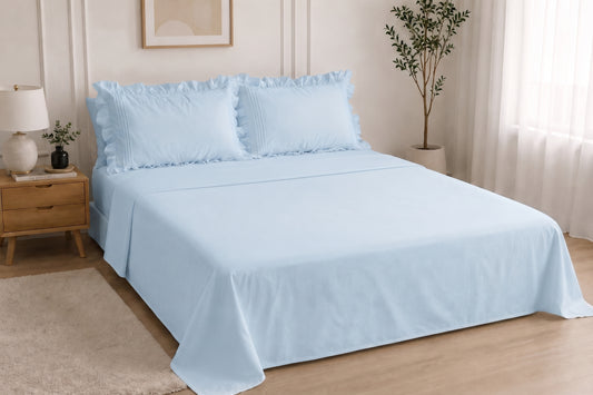 Cotton Flat Bed Sheet With Frilled Pillow Cover- Sky Blue
