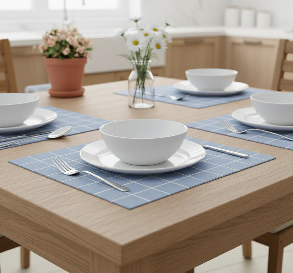 Waterproof Cotton Table Mat Set - Modern Vintage Blue Check