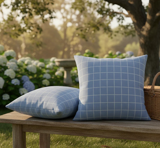 Waterproof Modern Vintage Blue Check Printed Cushion Cover-