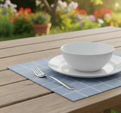 Waterproof Cotton Table Mat Set - Modern Vintage Blue Check