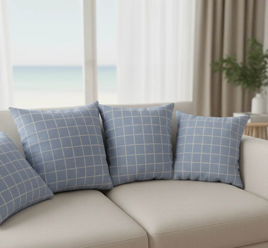 Waterproof Modern Vintage Blue Check Printed Cushion Cover-