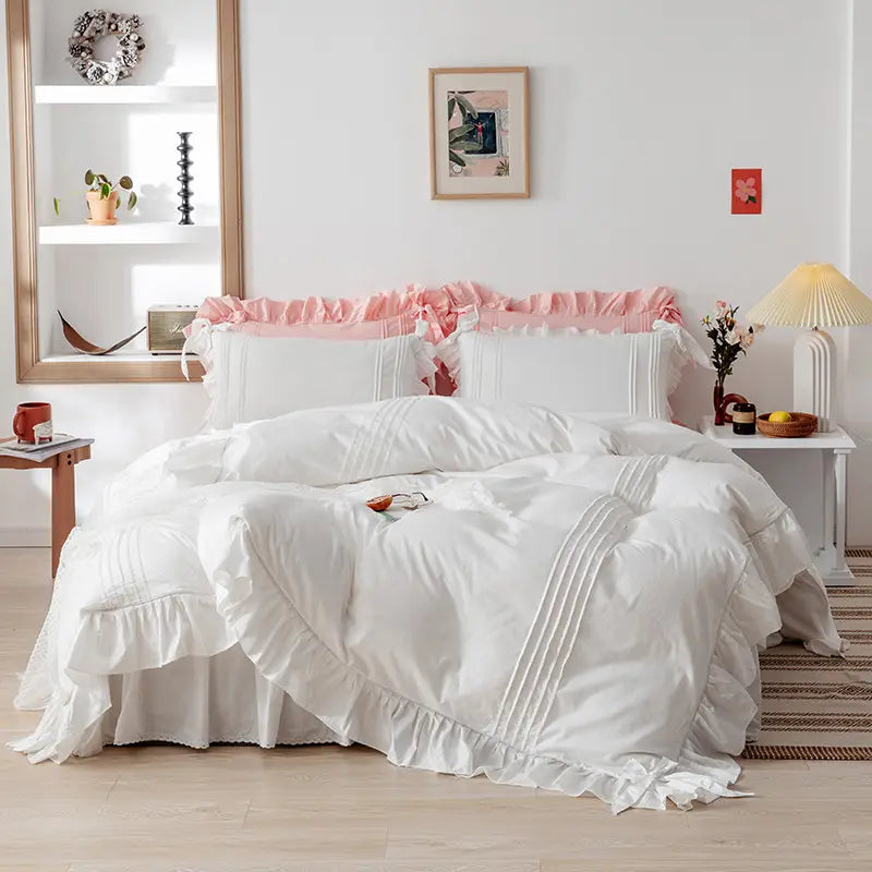 Luxury Pleated With Ruffled Style Satin Duvet Cover Set - White - 99 Bedding Store