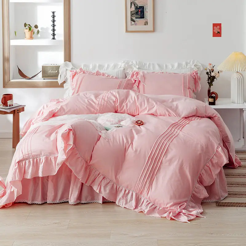 Luxury Pleated With Ruffled Style Satin Duvet Cover Set - Rose Pink - 99 Bedding Store