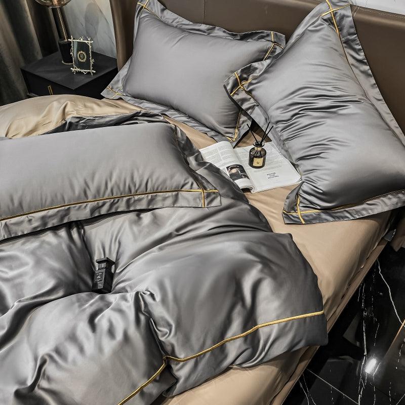 Luxury Cotton Satin Baratta Duvet Cover Set-Grey with Golden Baratta Stitch - 99 Bedding Store