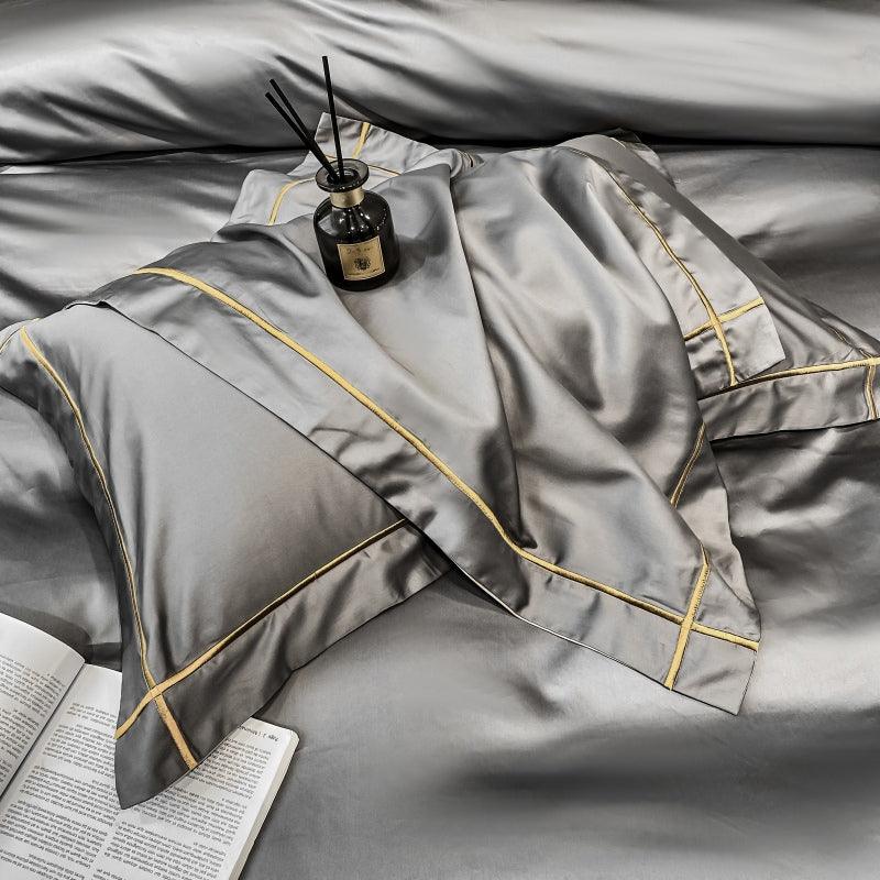 Luxury Cotton Satin Baratta Duvet Cover Set-Grey with Golden Baratta Stitch - 99 Bedding Store