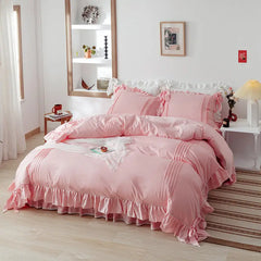 Luxury Pleated With Ruffled Style Satin Duvet Cover Set - Rose Pink - 99 Bedding Store