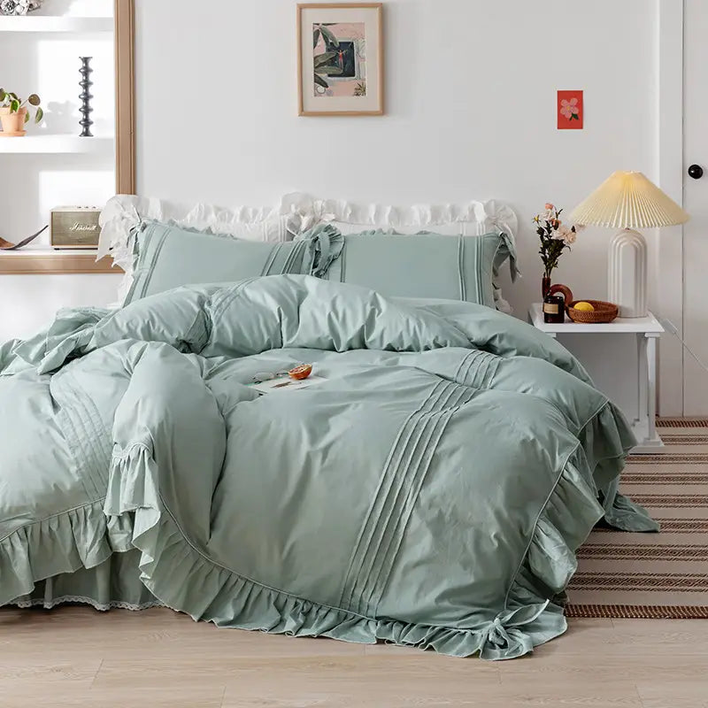 Luxury Pleated With Ruffled Style Satin Duvet Cover Set - Slat Grey - 99 Bedding Store