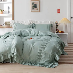 Luxury Pleated With Ruffled Style Satin Duvet Cover Set - Slat Grey - 99 Bedding Store