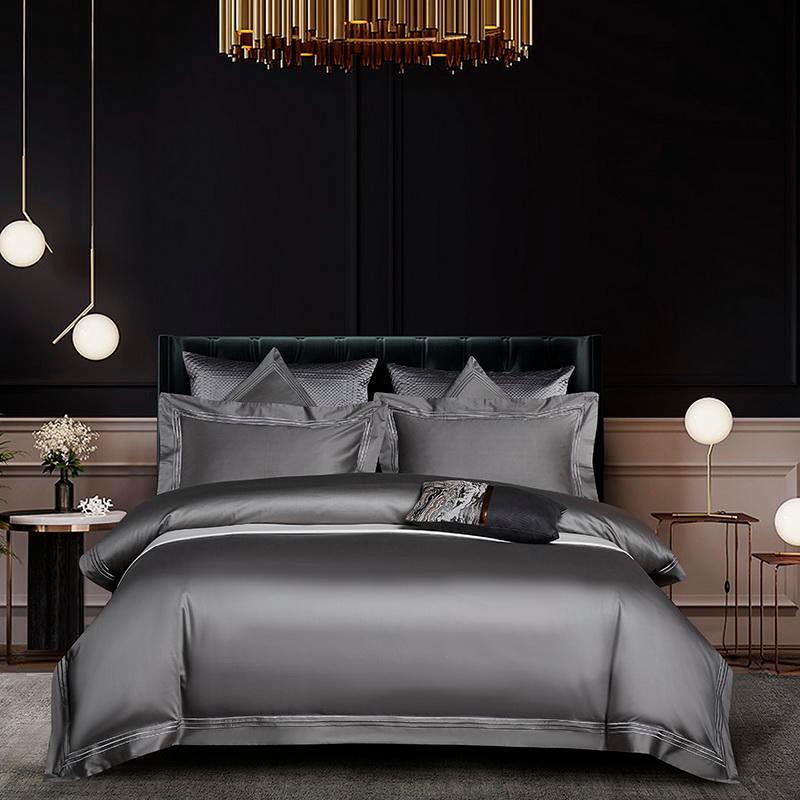 Embroidered Cotton Satin Luxury Baratta Stitch Tetra Line Duvet Set-Dark Grey - 99 Bedding Store