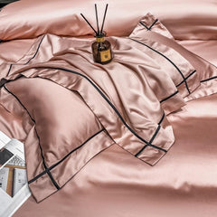 Luxury Cotton Satin Baratta Duvet Cover Set-Pink with Black Baratta Stitch - 99 Bedding Store