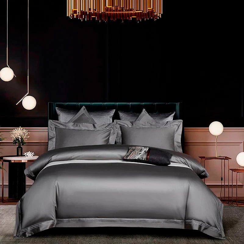 Embroidered Cotton Satin Luxury Baratta Stitch Tetra Line Duvet Set-Dark Grey - 99 Bedding Store