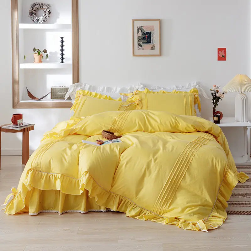 Luxury Pleated With Ruffled Style Satin Duvet Cover Set - Yellow - 99 Bedding Store