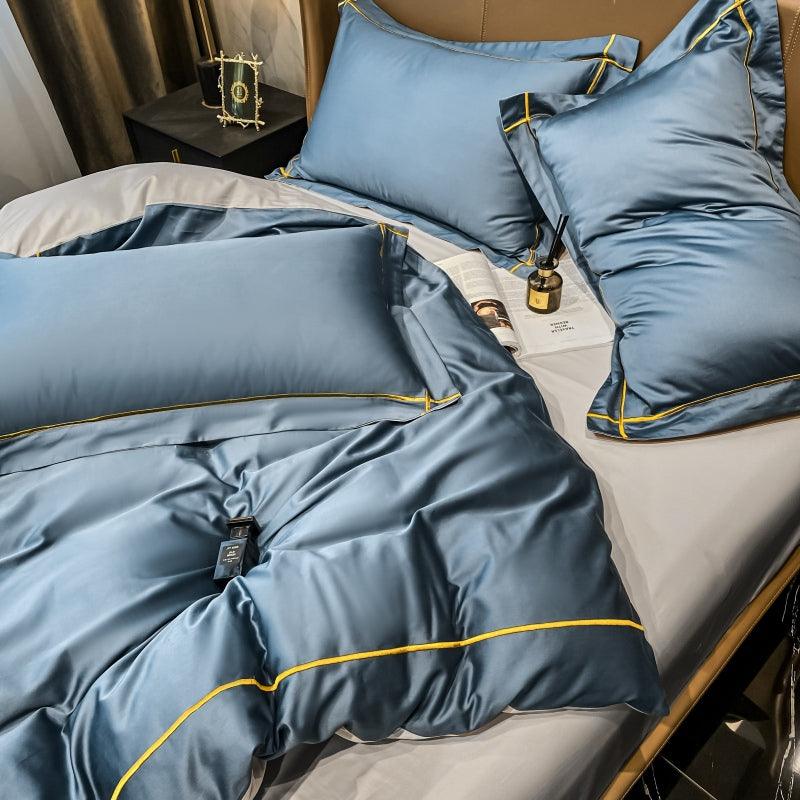 Luxury Cotton Satin Baratta Duvet Cover Set-medium Blue with Golden Baratta Stitch - 99 Bedding Store