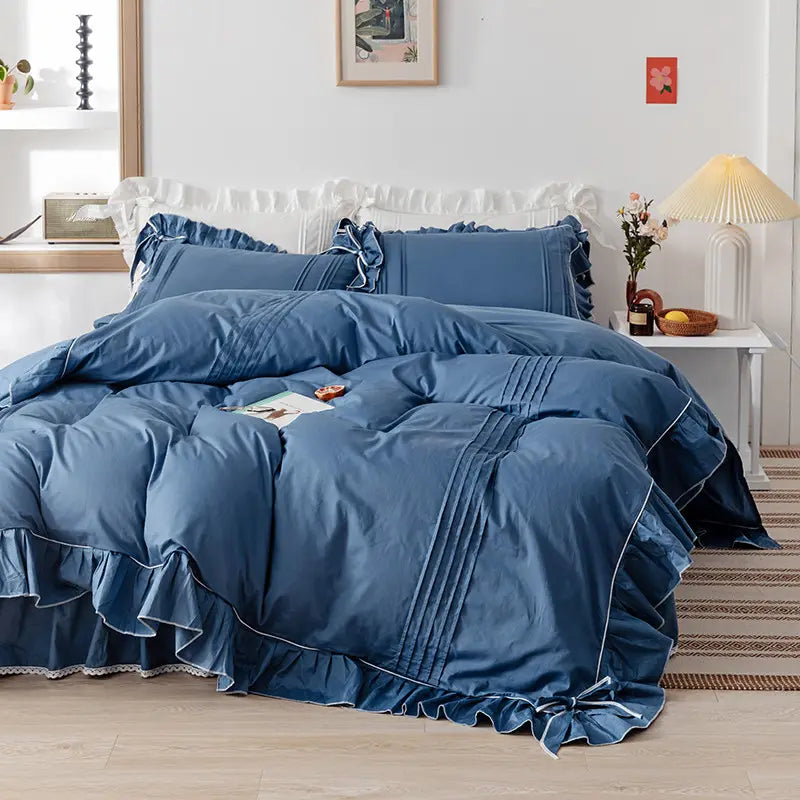 Luxury Pleated With Ruffled Style Satin Duvet Cover Set - Dark Blue - 99 Bedding Store