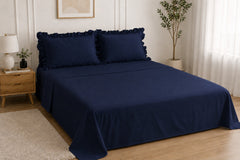 Cotton Flat Bed Sheet With Frilled Pillow Cover- Navy