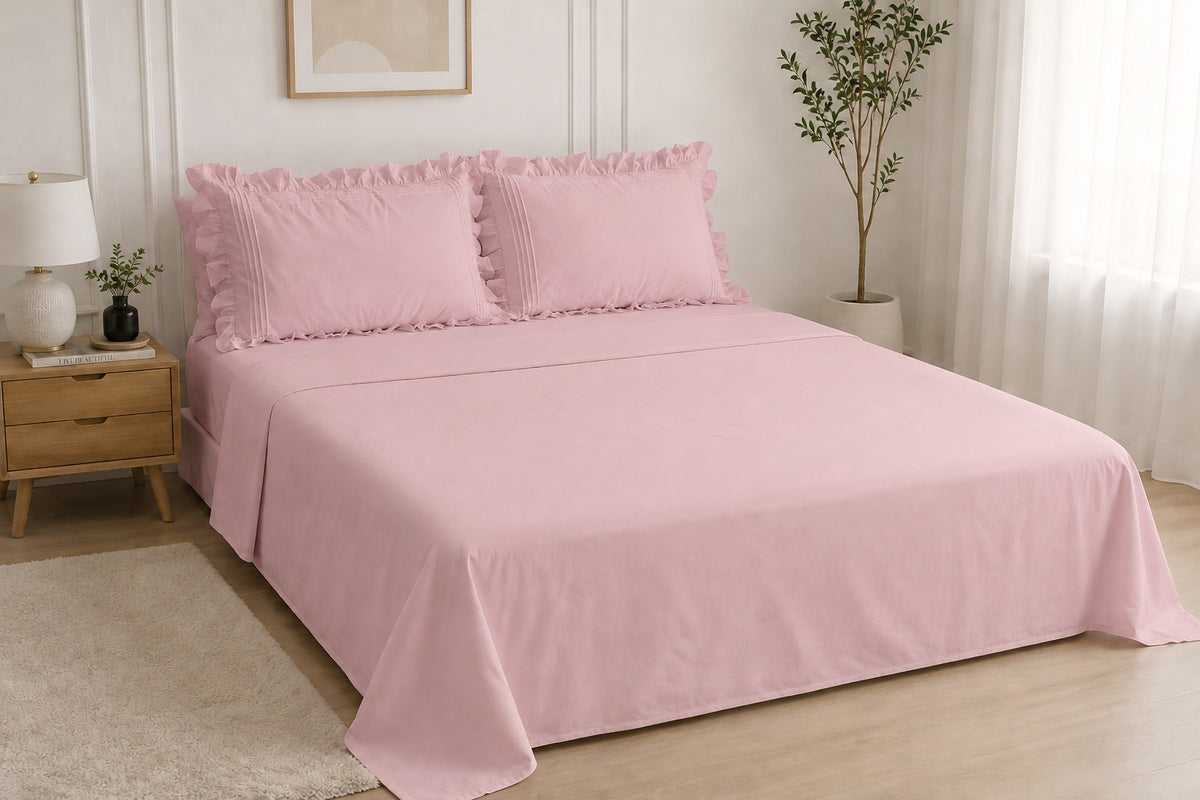 Cotton Flat Bed Sheet With Frilled Pillow Cover- Pink