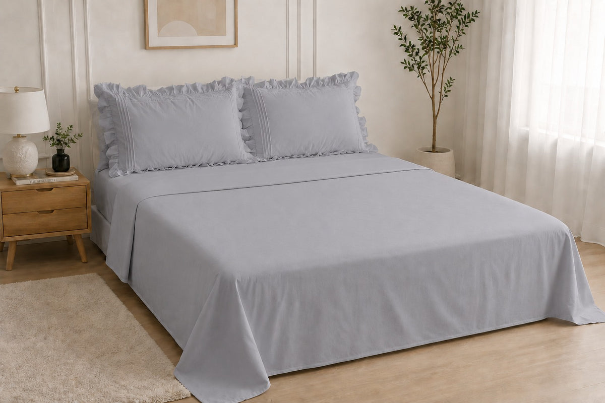 Cotton Flat Bed Sheet With Frilled Pillow Cover- Silver