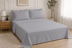 Cotton Flat Bed Sheet With Frilled Pillow Cover- Silver