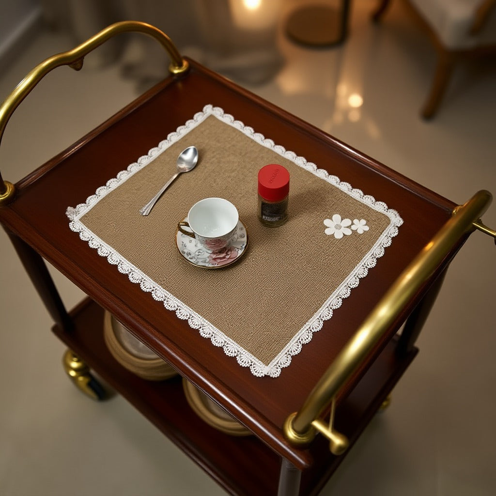 Jute Tolley Mat Set With Cute Lace and Flowers-