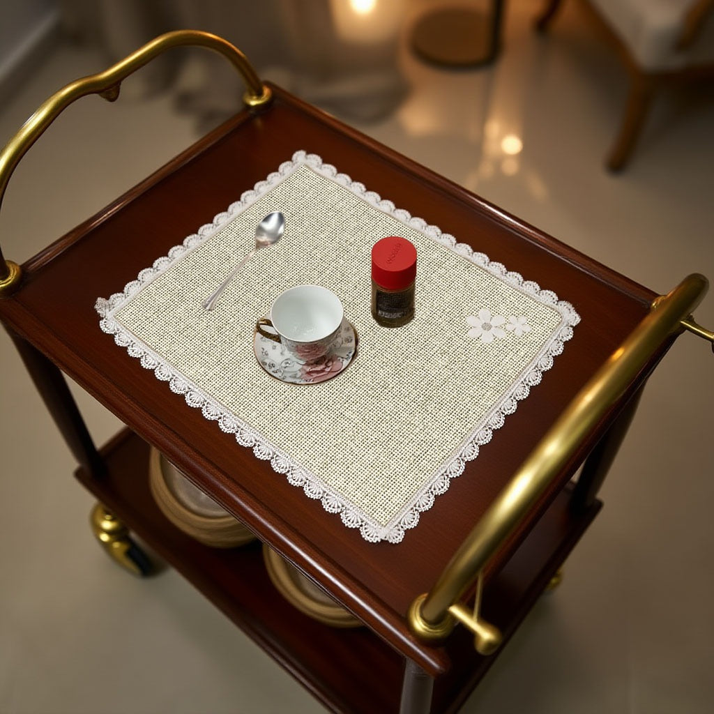 Jute Tolley Mat Set With Cute Lace and Flowers-