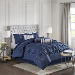 Diamond Pintuck With Piping Cotton Satin Duvet Cover Set - Navy Blue