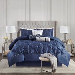 Diamond Pintuck With Piping Cotton Satin Duvet Cover Set - Navy Blue