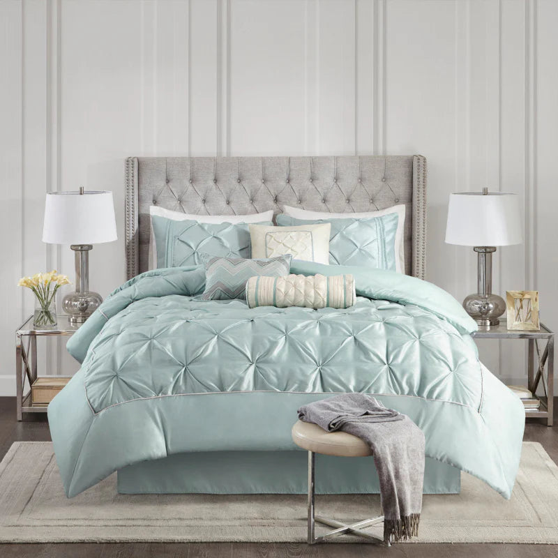 Diamond Pintuck With Piping Cotton Satin Duvet Cover Set - SeaFoam