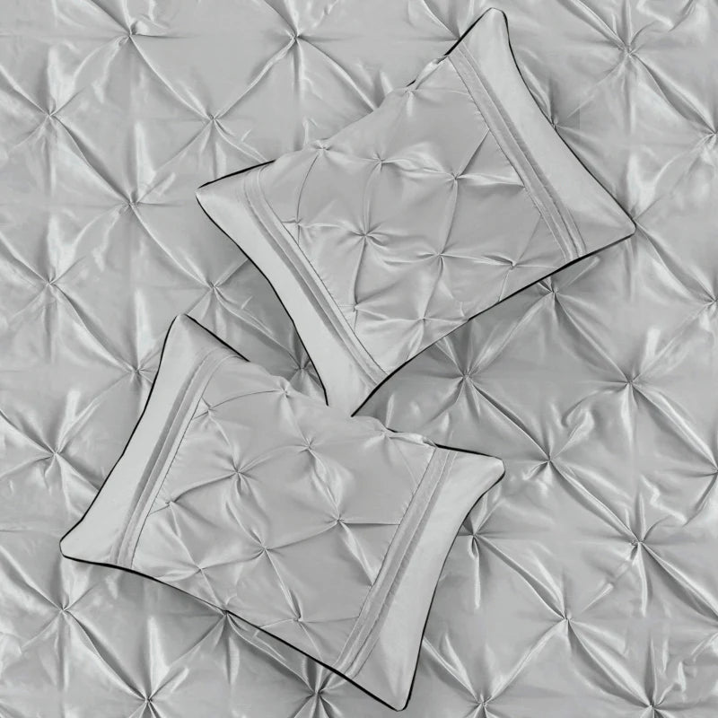 Diamond Pintuck With Piping Cotton Satin Duvet Cover Set - SIlver