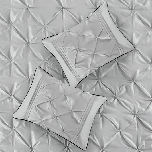 Diamond Pintuck With Piping Cotton Satin Duvet Cover Set - SIlver