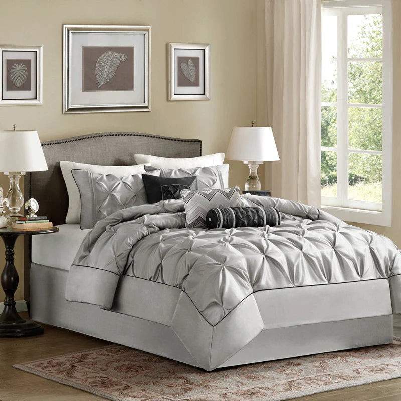 Diamond Pintuck With Piping Cotton Satin Duvet Cover Set - SIlver