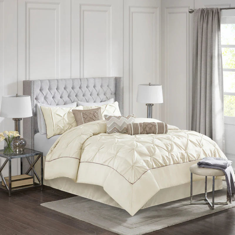 Diamond Pintuck With Piping Cotton Satin Duvet Cover Set - Ivory