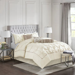 Diamond Pintuck With Piping Cotton Satin Duvet Cover Set - Ivory