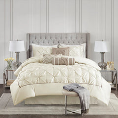 Diamond Pintuck With Piping Cotton Satin Duvet Cover Set - Ivory