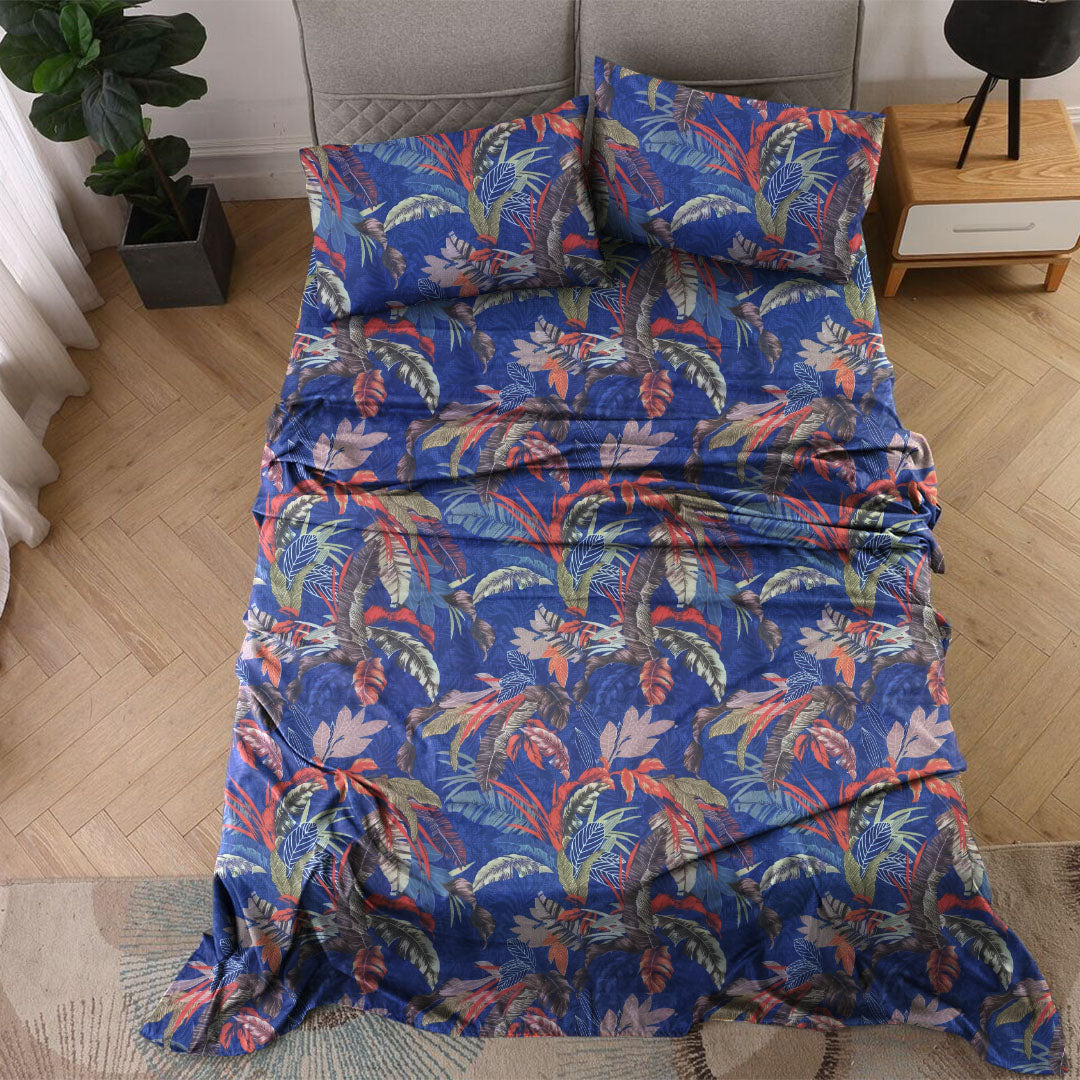 Tc 400 Printed Satin Double Bed sheet Tropical Grove Blue - 99 Bedding Store