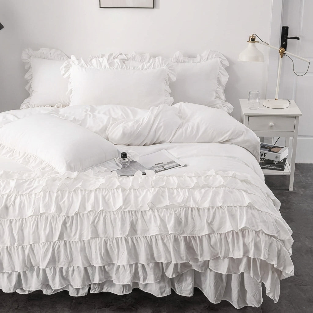 Luxury Cotton Frilled Duvet Set - White