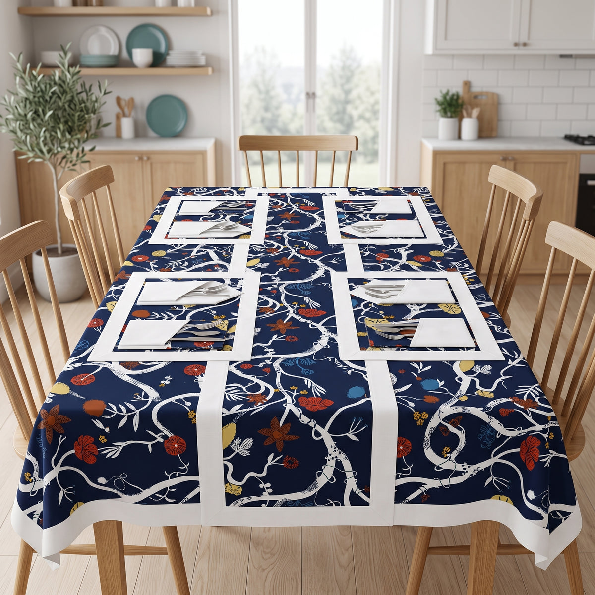 Printed Cotton Reversable Dinning Set - Blue Blossom