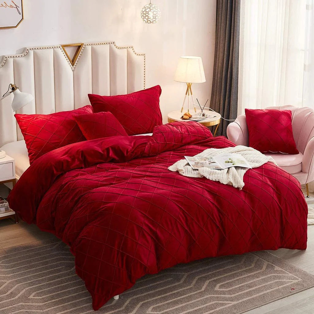 Luxury Velvet Pinch Pleats Duvet Cover Set - Red - 99 Bedding Store