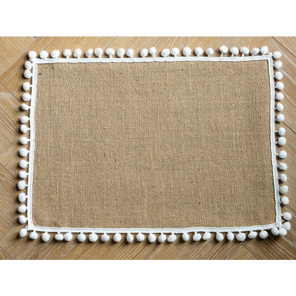 Jute Tolley Mat Set With Cute Pom poms - Brown