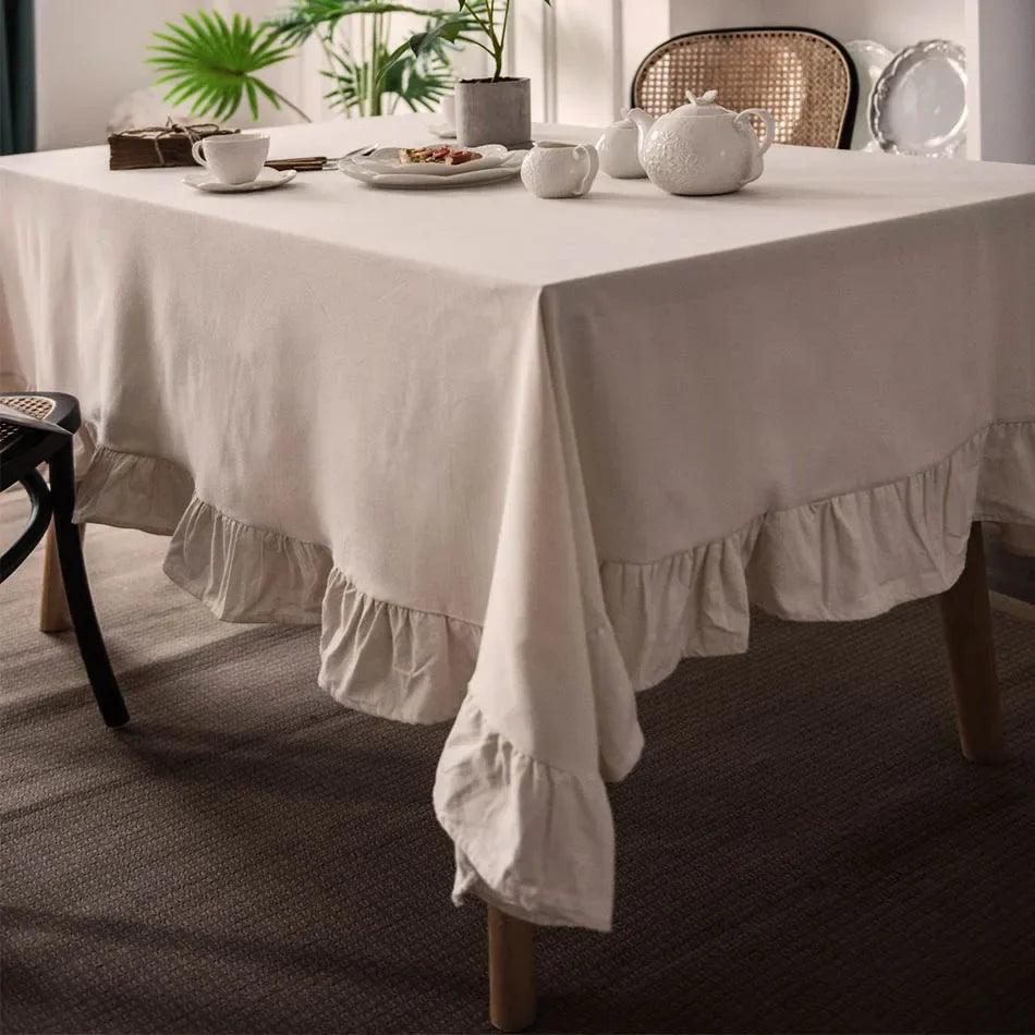 Decorative Cotton Tablecloth - Beige Frilled Bordered