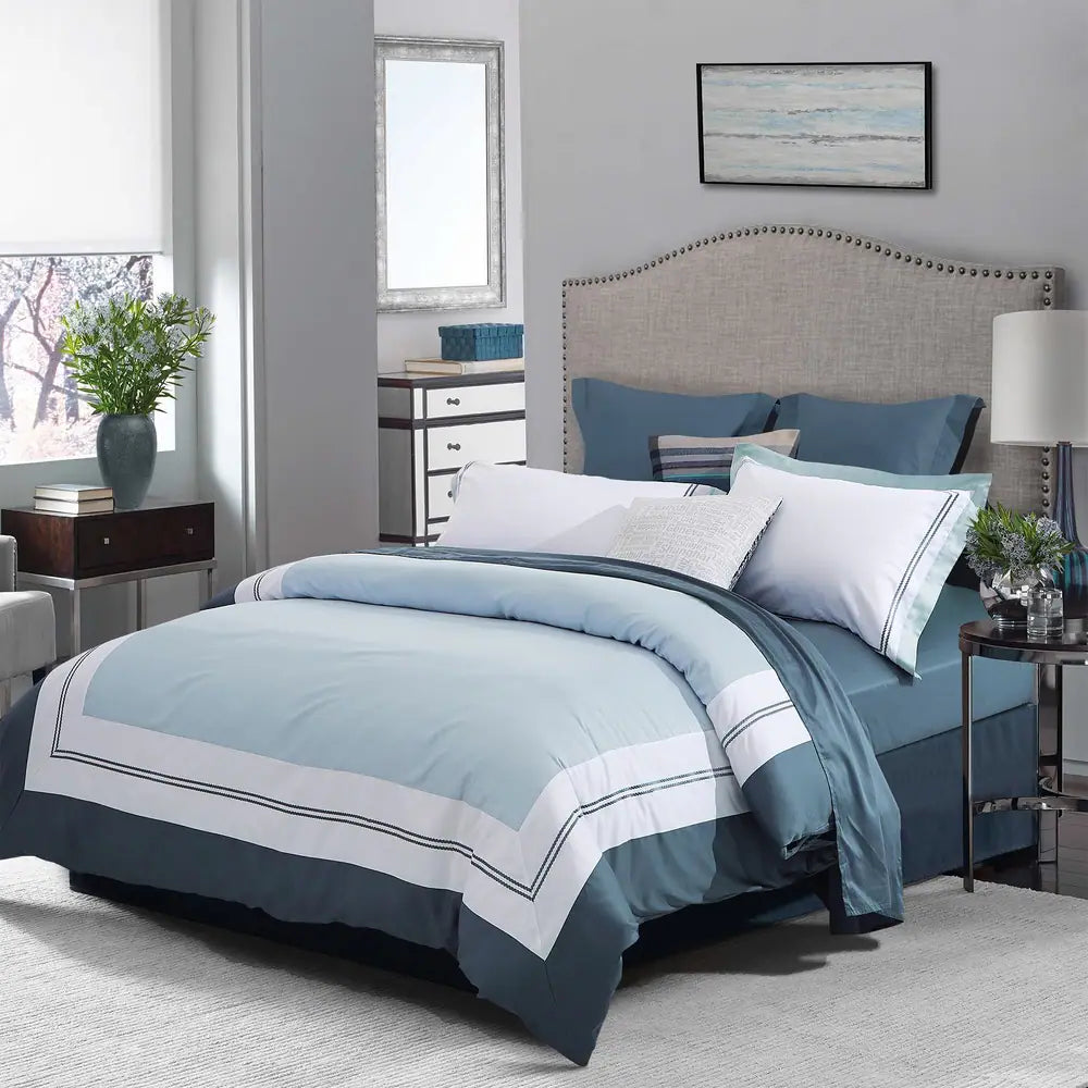 300 TC Satin Duvet Cover Set With Barrat - aqua white - 99 Bedding Store