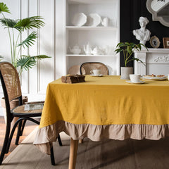 Decorative Cotton Tablecloth - Yellow With Beige Frilled Bordered