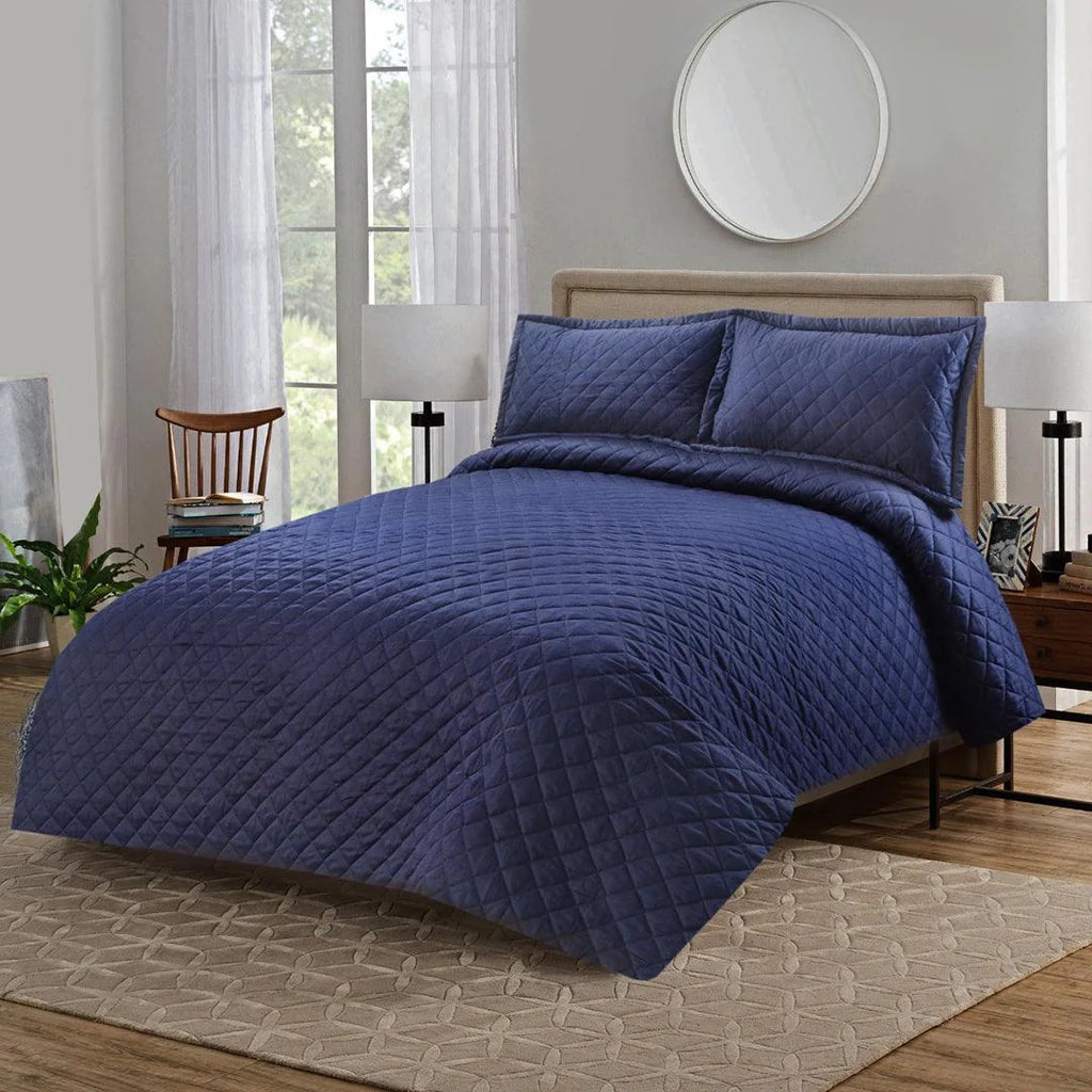 3 PCS LUXURY COTTON SATIN BEDSPREAD - NAVY - 99 Bedding Store