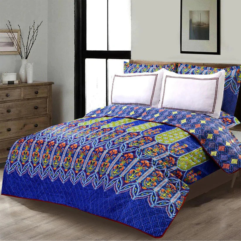 3 PCS LUXURY COTTON PRINTED BEDSPREAD - ELUAMM BLUE - 99 Bedding Store