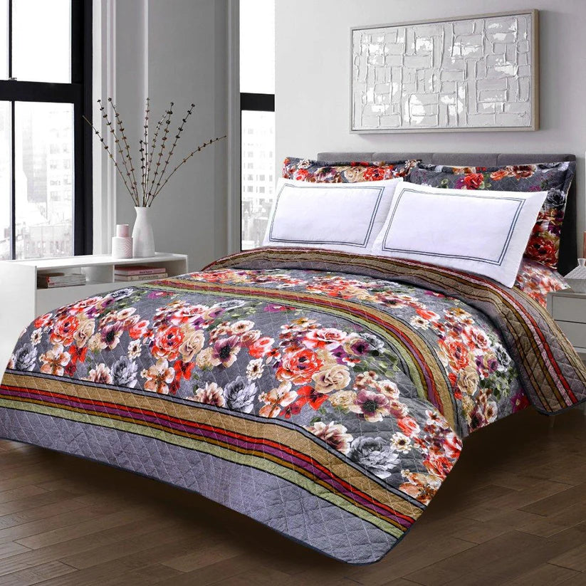 3 PCS LUXURY COTTON PRINTED BEDSPREAD - Rose Garden Grey - 99 Bedding Store