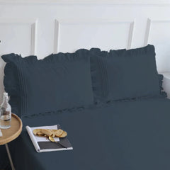 Cotton Fitted Sheet With Frilled Pillow Covers-Prussian blue - 99 Bedding Store