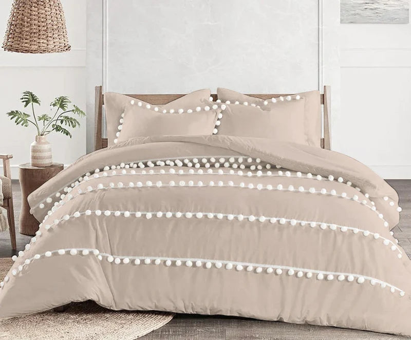 Luxury Cotton Satin Vertical Pom Fringe Duvet Cover Sets - 99 Bedding Store