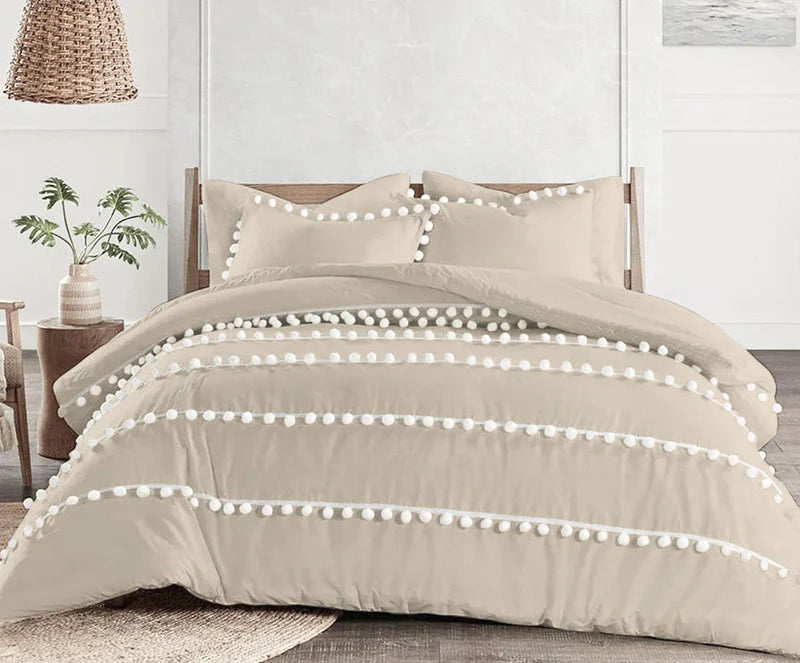 Luxury Cotton Satin Vertical Pom Fringe Duvet Cover Sets - 99 Bedding Store