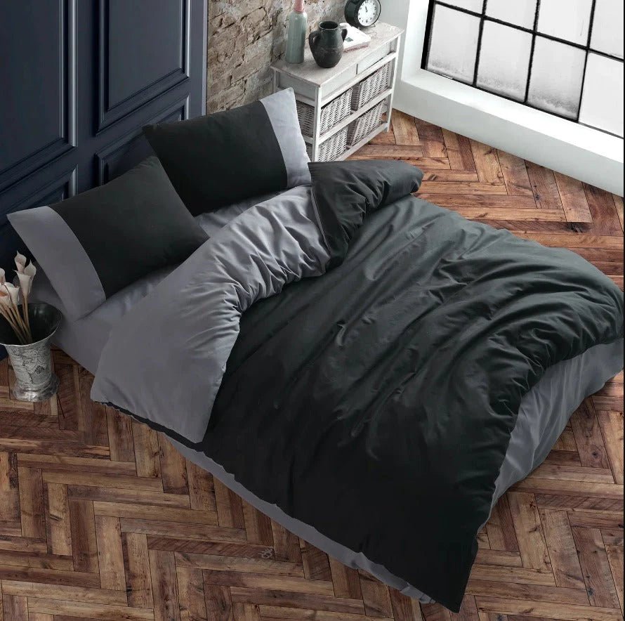 Plain Dyed Reversible Cotton Duvet Cover Set - Grey & Black - 99 Bedding Store